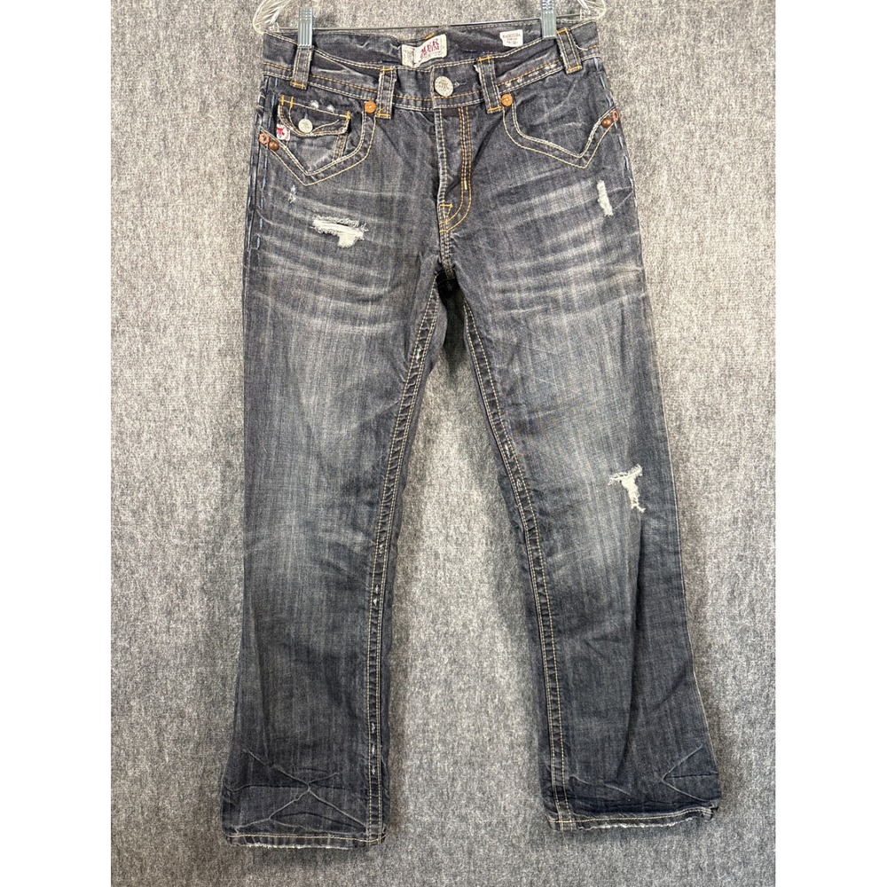 MEK Denim Kaikoura Boot Cut Jeans Mens 31x32 Distressed Dark Wash Embroidered